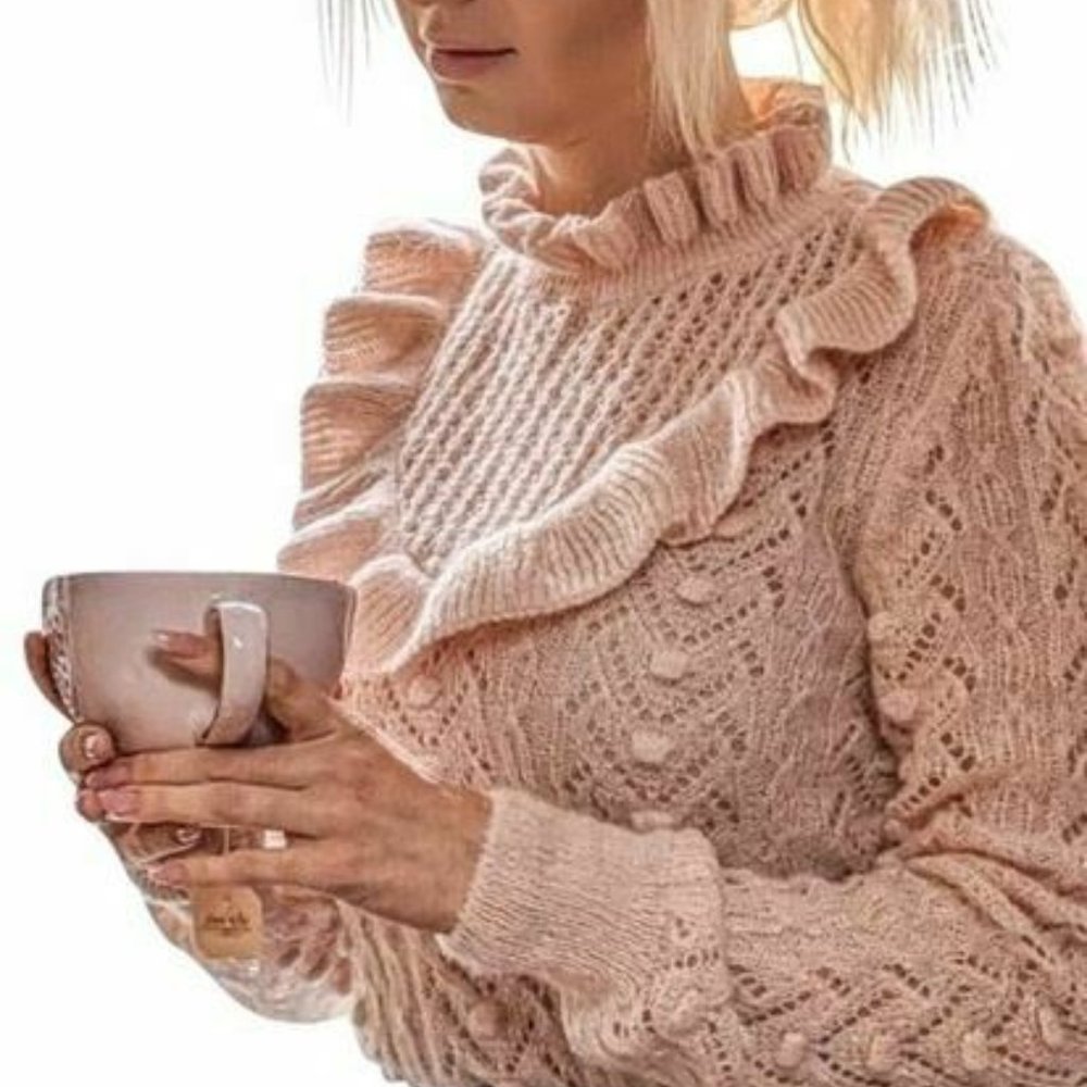 Zara Womens Pink Sweater Ruffle Trim Pointelle - Picture 4 of 7